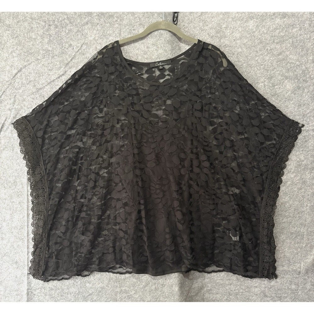 Calessa Lace Kimono Blouse Womens Sz XL Black Floral Overlay Tank Sheer